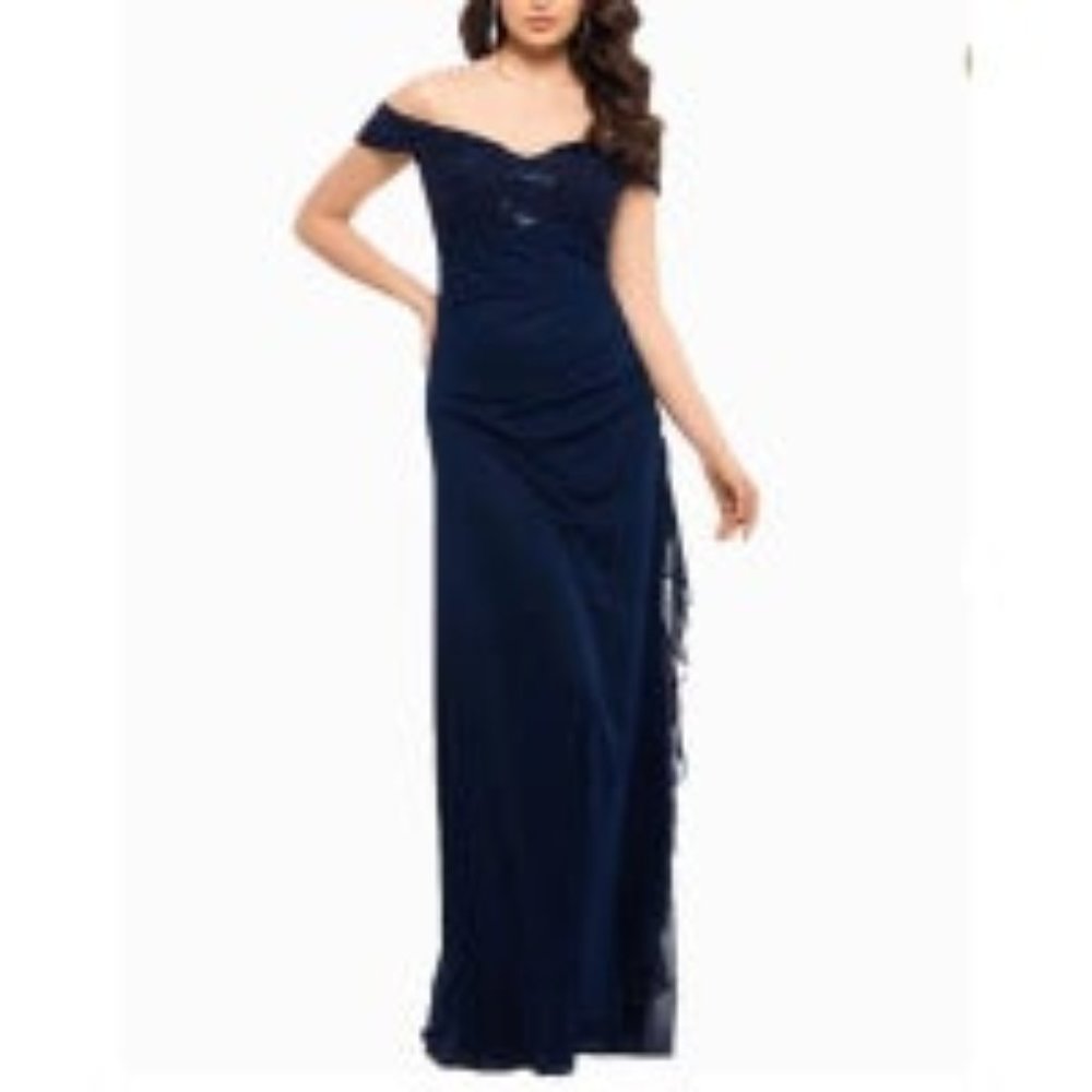 Betsy Adam Petite Lace Off-The-Shoulder Gown